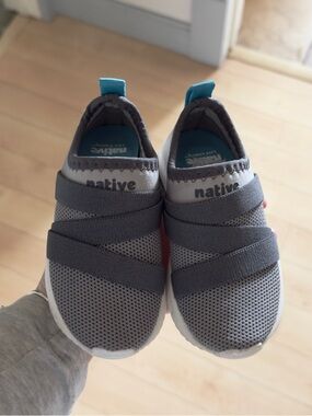 Native Toddler Grey Slip-On Sneakers with Teal Heel Tab